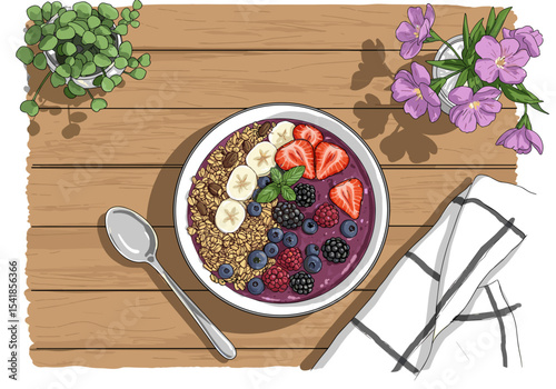 Colorful smoothie bowl topped with fruits and granola on wooden table  