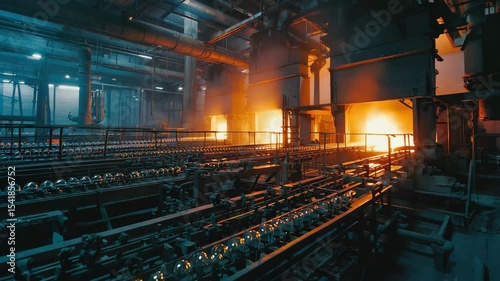 Photorealistic night view of a glass factory interior in blue and orange tones, showcasing glowing furnaces and industrial conveyor lines