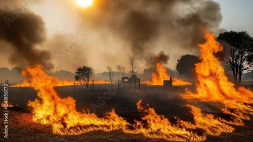 Intense Flames Burning Across a Rural Field Creating Thick Smoke Against a Hazy Sky During Sunset Environmental Disaster