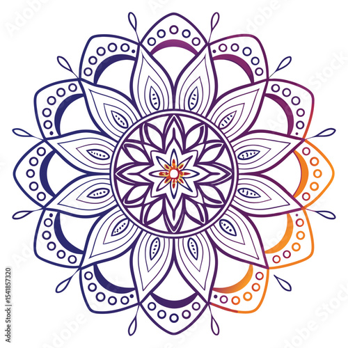 Gradient mandala art with purple to orange tones, intricate symmetrical design for meditation or decor
