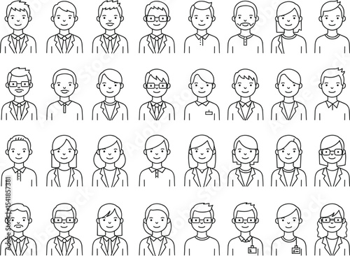 Business people set in line art style, featuring male and female professionals with different expressions and outfits, ideal for workplace and team illustrations, vector drawings for Adobe Stock.