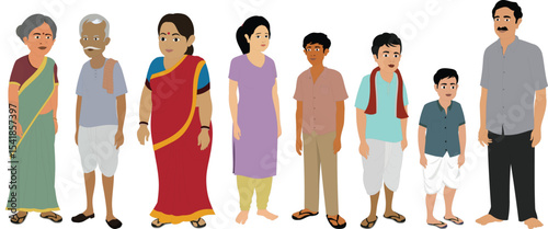 Large Indian Family Vector Illustration – Village People of All Ages in Traditional and Casual Clothes, Cultural Rural Characters, Flat Design Standing Group, Ethnic Family Concept Clipart