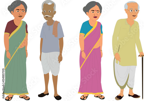Indian Elderly Couple Vector Illustration – Old Man and Woman in Traditional Outfits, Senior Characters in Saree and Dhoti, Rural Lifestyle, Cultural Heritage, Flat Design Clipart for Family Concept