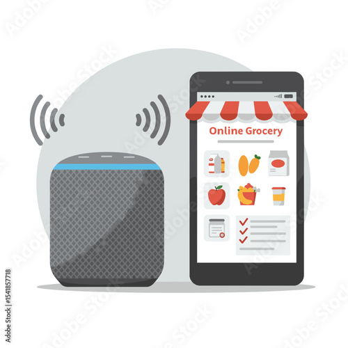 Voice-activated smart speaker and smartphone showing online grocery list  