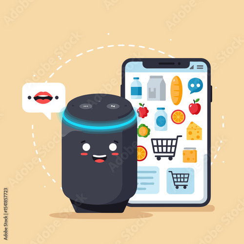 Smart speaker interacting with smartphone displaying shopping app icons  