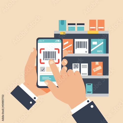 Person scanning barcode with smartphone while standing near shelves  