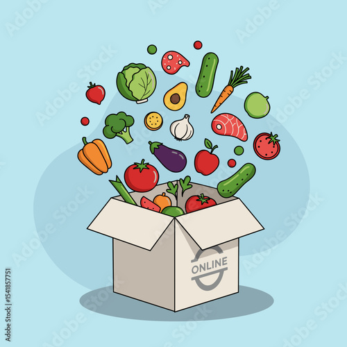 Fresh vegetables spilling from a delivery box in colorful design  
