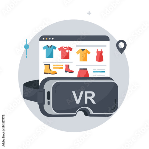 Virtual reality headset displaying online clothing shopping interface  