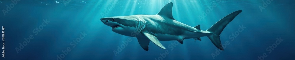 Fototapeta premium Massive great white shark glides through deep blue water, fish, predator, wild