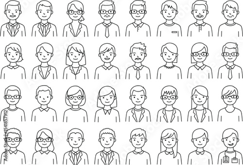 Set of various professional line-art avatars of diverse business people in formal and casual attire, isolated on white background for Adobe Stock