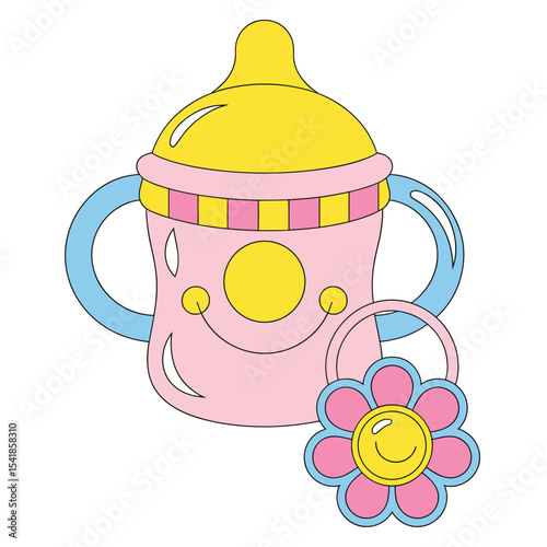 Kawaii Baby Bottle with Stars and Pink Nipple – Cute Infant Care Vector Illustration