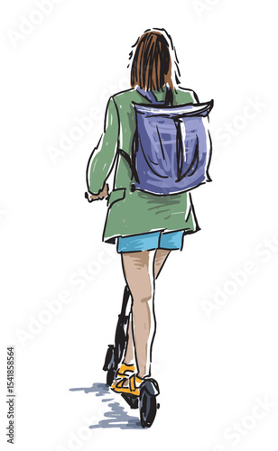 Sketch of one casual modern young urban girl riding scooter on summer day, realistic hand drawn vector illustration isolated on white