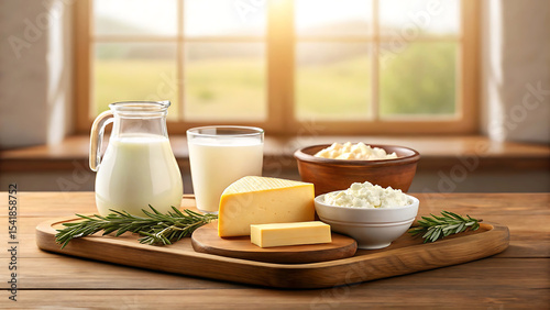 Rustic Dairy Delight Fresh Milk, Cheese, and Cream Displayed on Wooden Tray, Natural Light