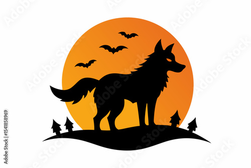 Black Wolf Silhouette Halloween T-Shirt Design - Vector Art Illustration on White Background