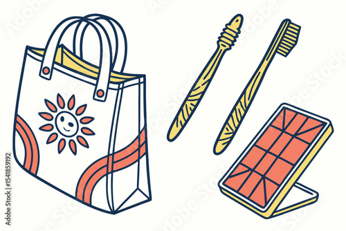 Vector set of eco-friendly items including solar panel, bag, and bamboo tools