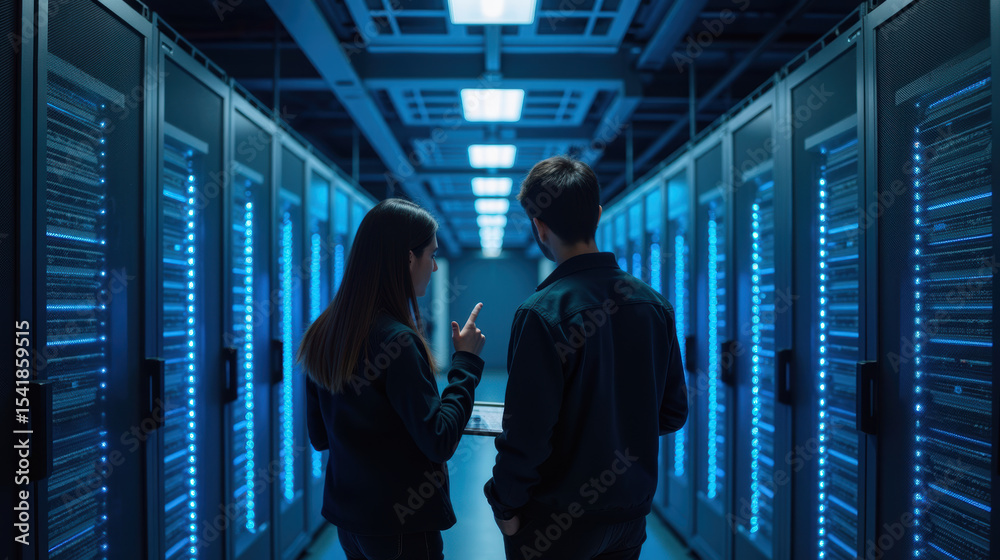 Fototapeta premium Data center technology servers blue lighting teamwork discussion digital modern infrastructure communication professionals computing information