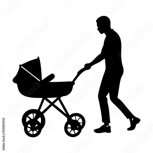 Man with Baby Stroller Silhouette – Vector Illustration on White Background

