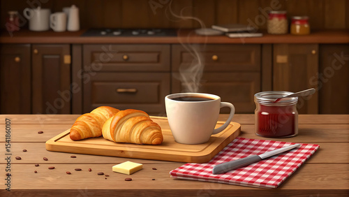 Cozy Morning Scene Fresh Croissants Coffee and Jam on a Wooden Table Breakfast Still Life Illustration Rustic Kitchen Backdrop