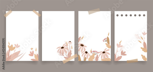 Minimal Autumn Floral Note Paper Templates set with torn tape effects, ideal for printable stationery, journaling, planners, digital scrapbooking, invitations, and note taking apps.Vector illustration