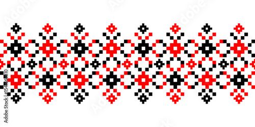 Ukrainian Pixel Folk Pattern in Red and Black.Traditional border pattern inspired by Ukrainian and Slavic embroidery, textile design, digital prints, cultural branding, ethnic packaging.Vector