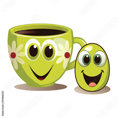 Happy Green Tea Cup and Egg A Cheerful Illustration