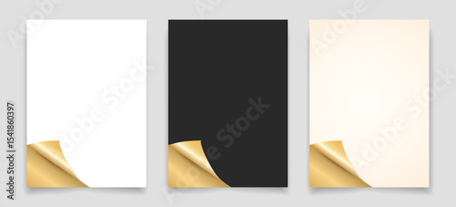 Realistic paper templates set with curled golden corners in white, black, and beige set, perfect for luxury branding, invitations, packaging design, product mockups, and business stationery.Vector