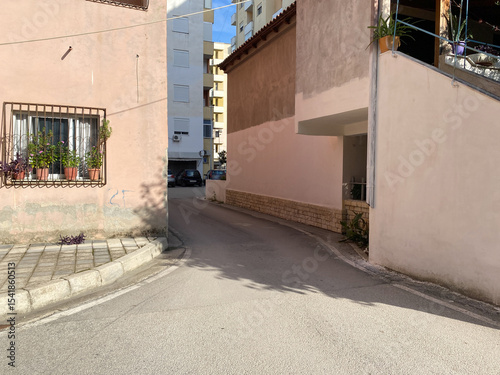 A quiet street scene in a small Albanian town with traditional tiled houses, power lines overhead, and wild plants along the sidewalk. A realistic snapshot of everyday Balkan life.
