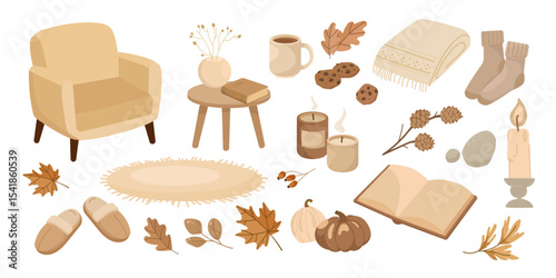 Cozy Autumn elements with armchair, candles, socks, cookies, pumpkin, leaves, book, and warm drinks in soft neutral tones Vector set. Seasonal icons, blog graphics, social media, packaging, lifestyle