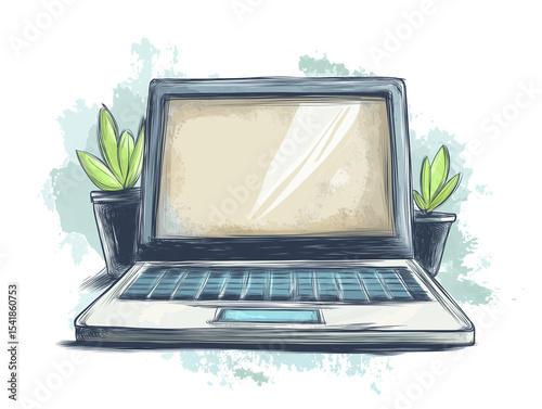 Hand-Drawn Laptop Illustration with Green Plants – Remote Work and Digital Lifestyle Concept 