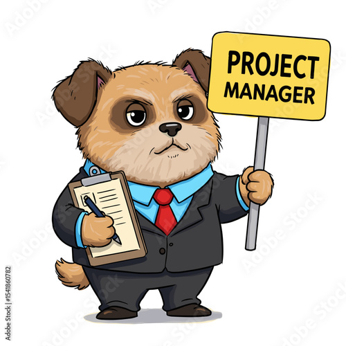 Cartoon dog dressed as project manager holding sign in business attire  