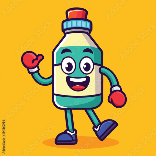 Smiling Bottle Character Walks and Waves on Bright Yellow Background