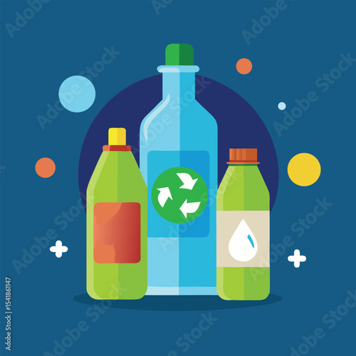 The Recycling Trio: A Blue Glass Bottle and Two Green Plastic Bottles on a Dotted Blue Canvas