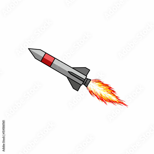 Rocket missile flying with fire trail, flat vector style. Perfect for war game UI, infographics, and military themed design