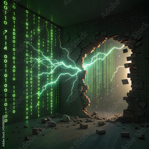 Matrix Code Flooding Through Broken Firewall A chaotic flow of electric green binary digits bursts through a fractured digital wall