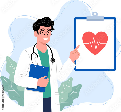 Illustration of a Male Doctor Presenting Heart Health Medical Check-up and Cardiology