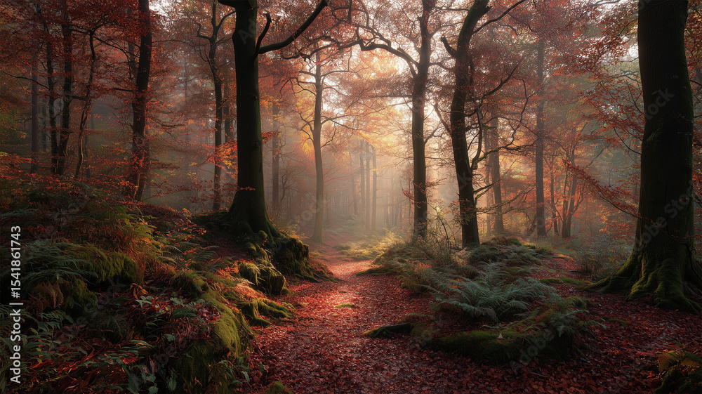 Fototapeta premium 初光差し込む秋紅葉の神秘林道