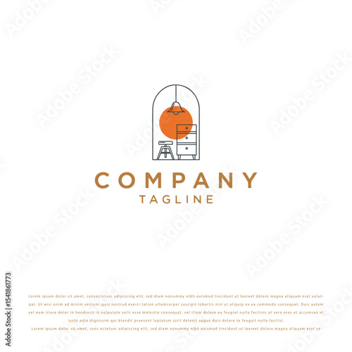 Elegant Minimalist Interior Scene Logo with Orange Sun Disc and Dark Gray Line-Art Furniture Under Arch on White Background