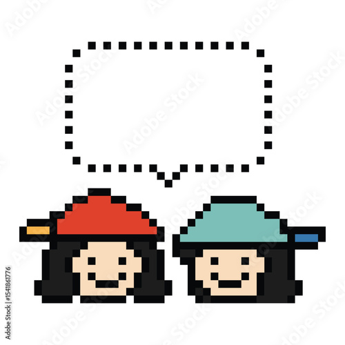 Cartoon pixel cute cartoon character face woman with chat blank decoration 8 bit female girl say speak discuss idea chat box cartoon pixel game 8bit png vector.