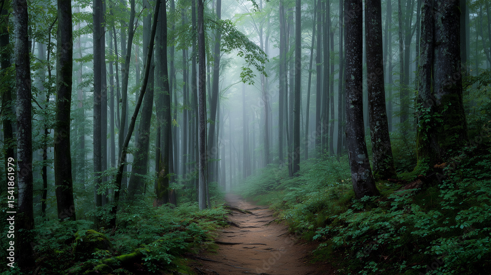 Obraz premium 霧漂う樹林の秘密の小径