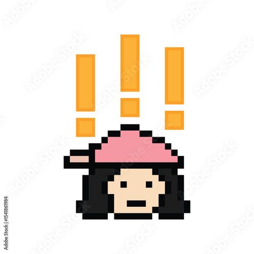Pixel cartoon cute character woman notice with exclamation mark decoration 8 bit female girl lady surprise idea exclamation alert cartoon pixel game 8bit png vector.