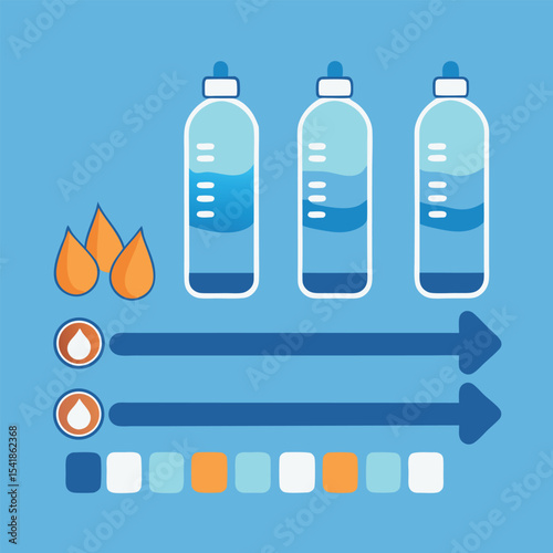 A Visual Story of Hydration: Tracking Water Bottles, Drops, Arrows, and Color Blocks