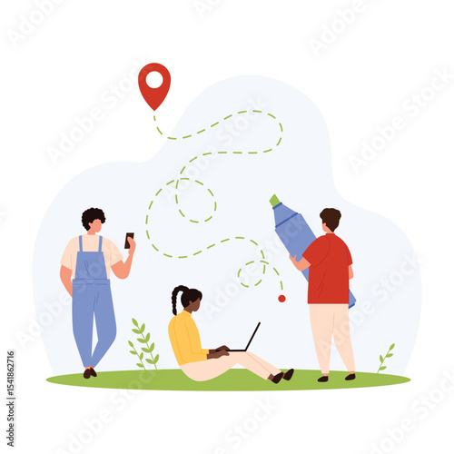 GPS navigation service, tracking mobile app vector illustration. Cartoon tiny people holding marker, phone and laptop to find and mark route trail to location pin on map, delivery to city address