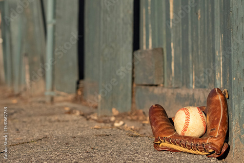 Φωτογραφία Outdoor baseball and mitt resting against a green wooden fence