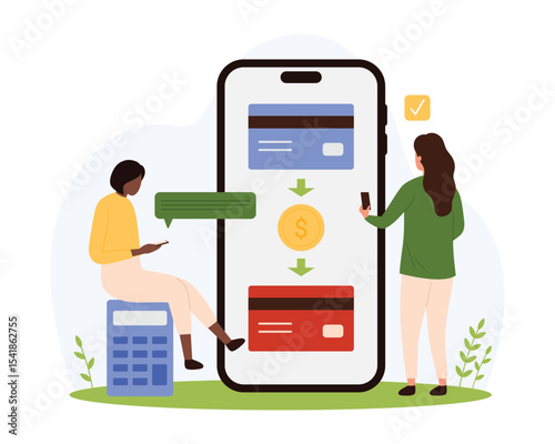 Money transactions between credit cards in bank mobile app for phone vector illustration. Cartoon tiny people pay and transfer coins from balance of virtual financial account on smartphone screen