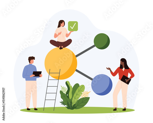 Global link, social media share. Tiny people connect to online network to send data files and documents between peers, publish information in open internet community cartoon vector illustration