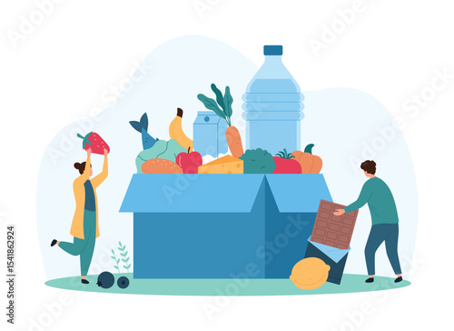 Tiny characters placing various food items into a large donation box, including fruits, vegetables, and packaged goods. Concept of food donation and community support vector illustration
