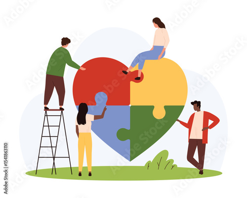 Charity, non profit organization vector illustration. Cartoon tiny volunteers donate gift of generosity and kindness, love and support, people work, connect colorful puzzle pieces into heart shape