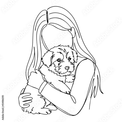 Vector line art of a woman with long hair holding a fluffy puppy close to her chest, expressing affection