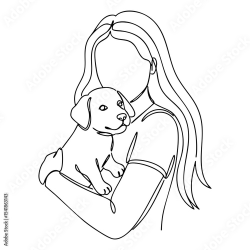 Vector line art of a young woman cradling a small puppy in her arms, illustrating care, gentleness, and the early bond between pet and human
