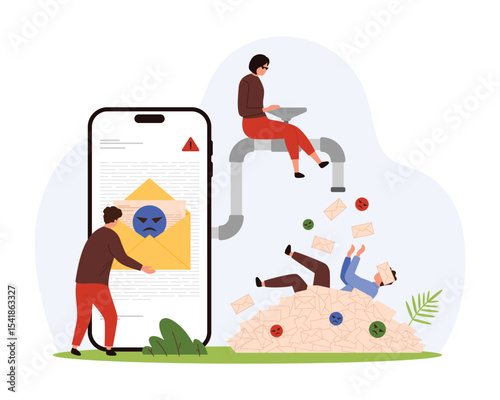 Spam overload, marketing and news letters in mobile mail application. Tiny criminals open faucet with stream of digital spam emails from phone screen to drown customer cartoon vector illustration